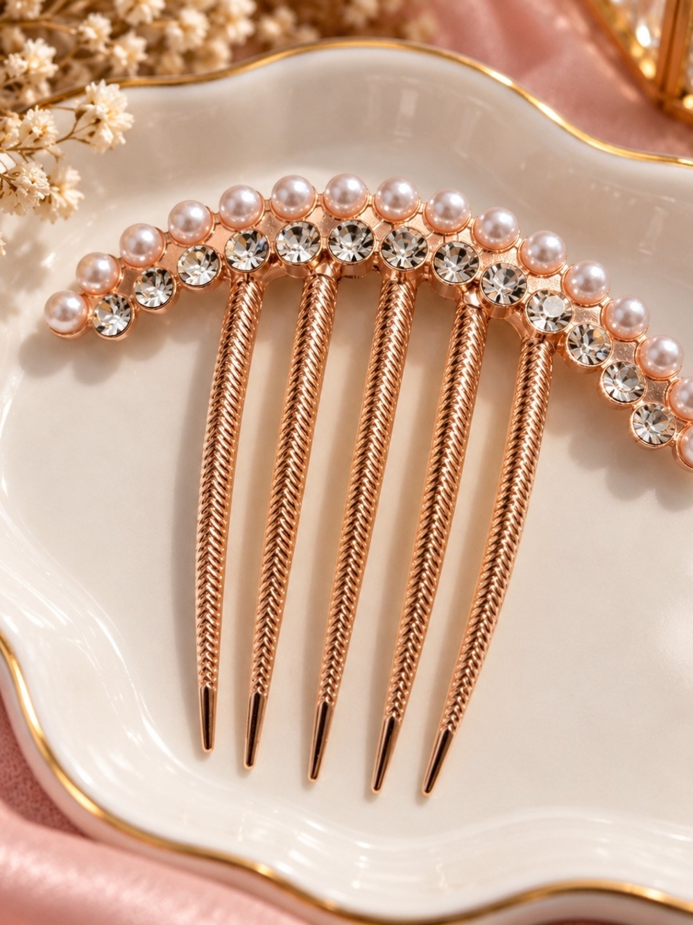 Brand New Rose Gold Pearl & Crystal Hair Comb Bridal Grad Formal New